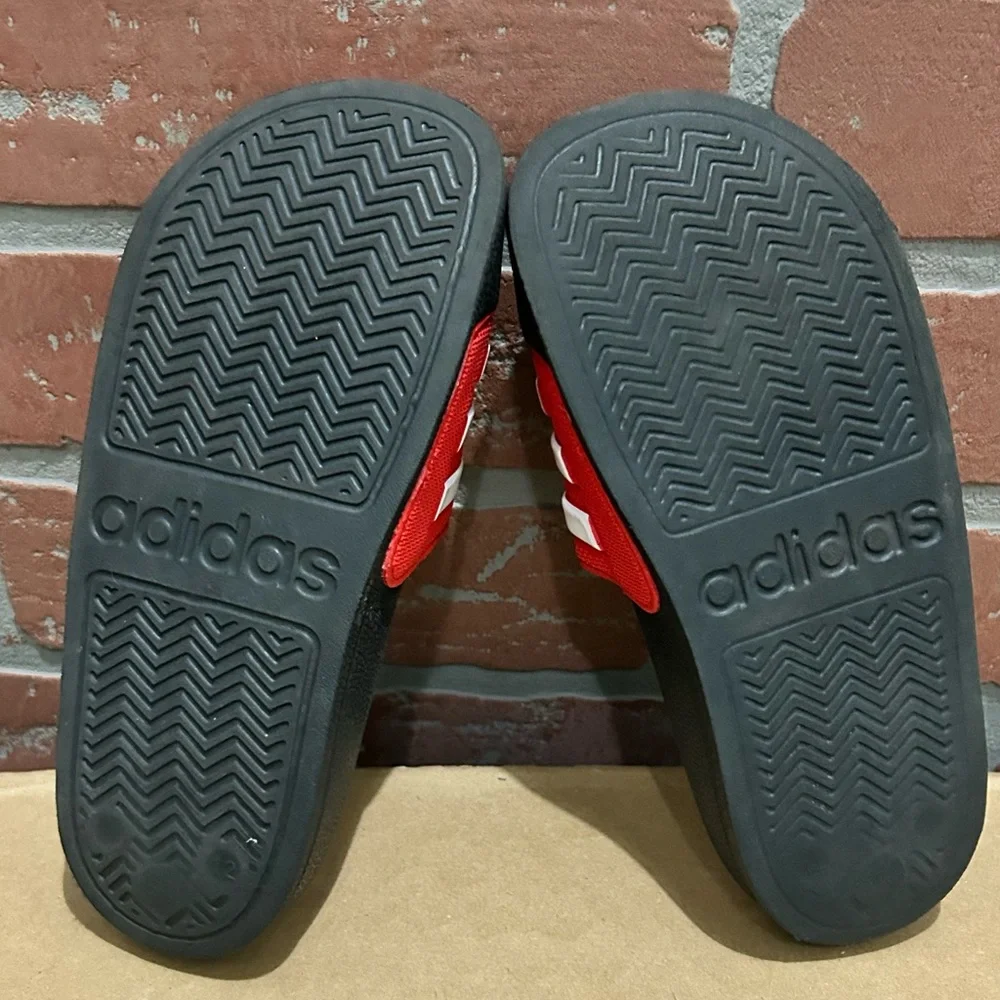 Adidas little boys slides, red w/3 stripe white like new preowned size US 12